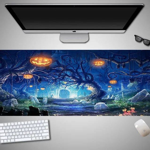 Oversized Halloween pattern mouse pad on a desk showing non-slip rubber base and cloth top.