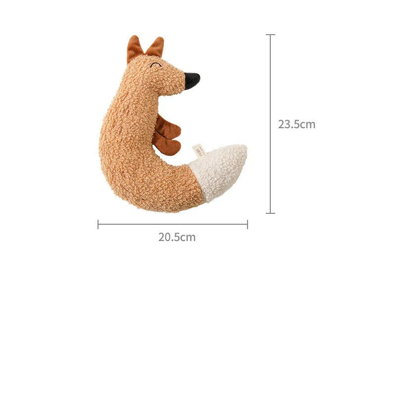 Cartoon dog chew toy in duckling yellow or fox orange with teddy velvet fabric and crinkle sound.