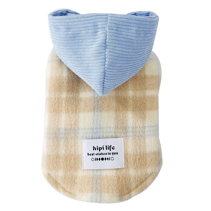 Blue corduroy dog vest with chessboard pattern and hood, size guide showing weight ranges