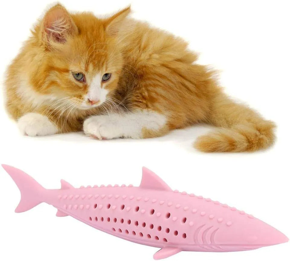 Green silicone fish-shaped cat chew toy with dolphin details and visible side holes.