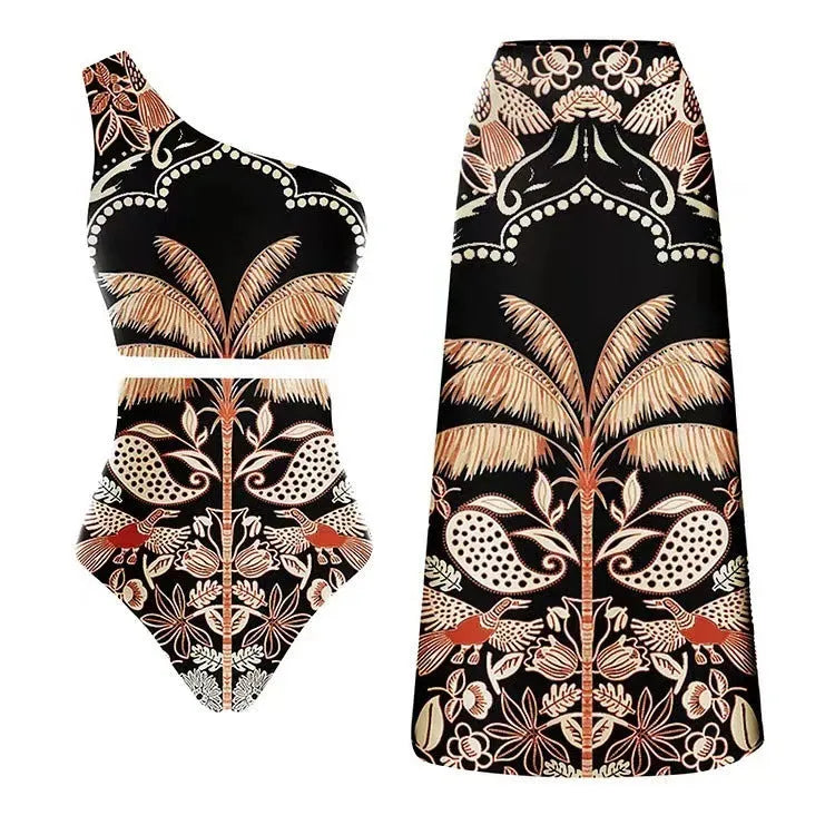 Women's polyester one-piece swimsuit showing multiple colour options including black, yellow, and printed designs