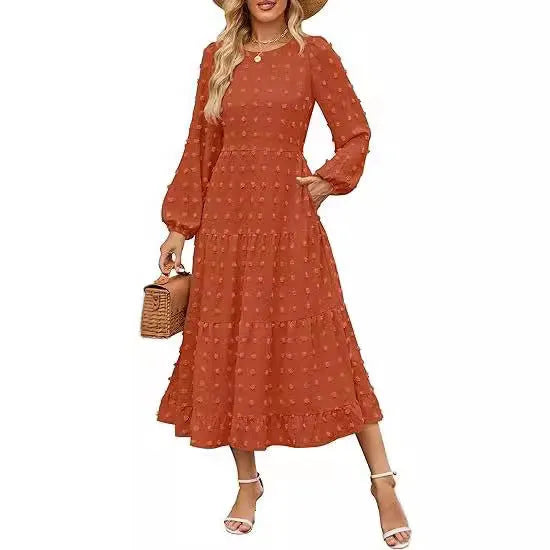 Women's beige polyester long sleeve dress with ruffle sleeves and high waist design