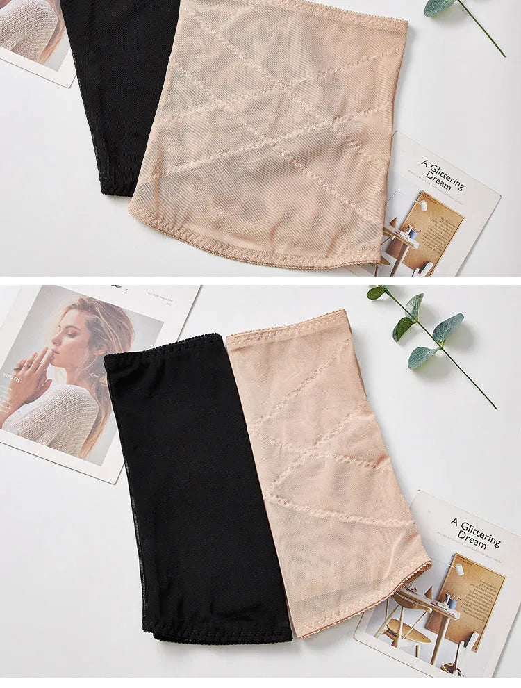 Black mesh postpartum belly band with cross waistband design for waist trimming and tummy slimming