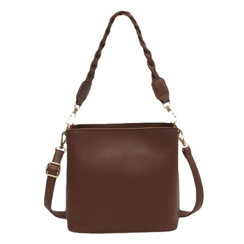 Retro woven PU leather one-shoulder crossbody bucket bag shown in khaki, black, and brown colour options.