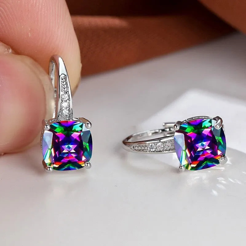 Geometric square zircon earrings with Korean style ear hook design in electroplated copper
