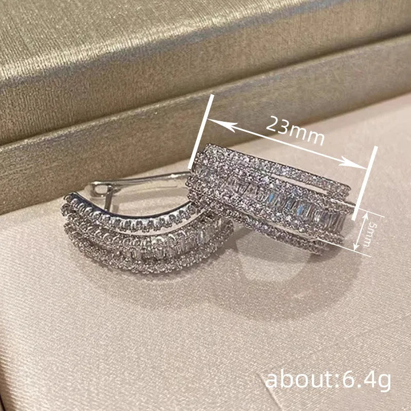 Women's geometric copper stud earrings with zircon stone inlay in white gold colour
