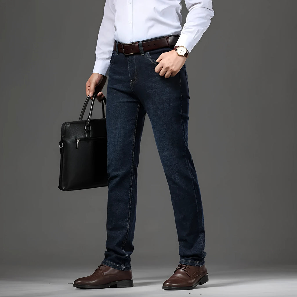 High-elasticity straight-leg denim jeans in black and blue colours showing business casual styling