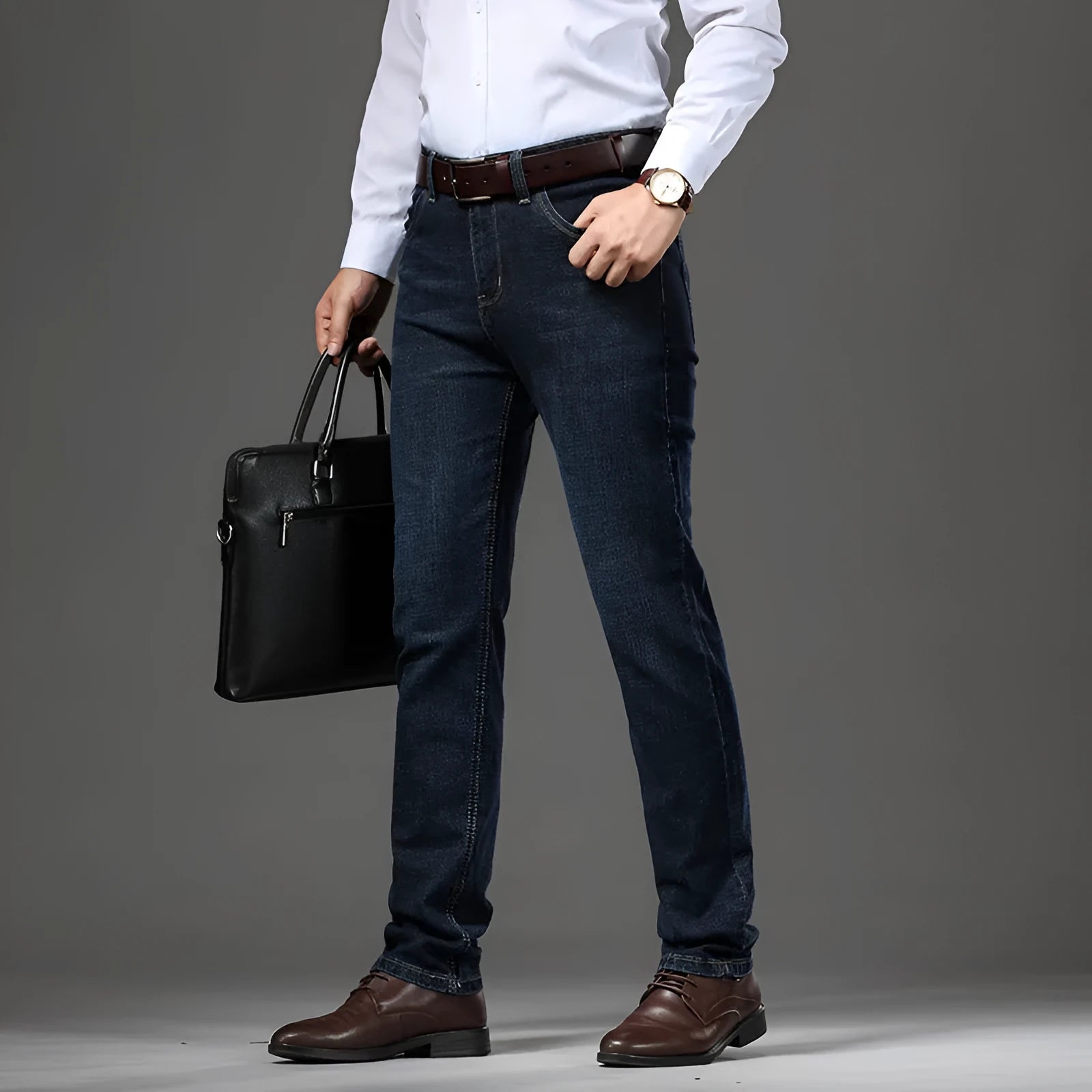 High-elasticity straight-leg denim jeans in black and blue colours showing business casual styling