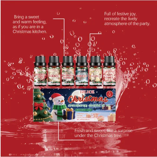 Christmas aromatherapy oil set showing six 60ml bottles of festive essential oils