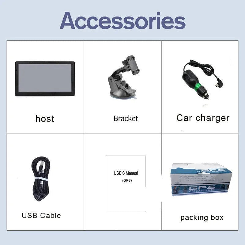 7-inch portable car GPS navigation device with touch screen showing maps, includes charger and mounting bracket