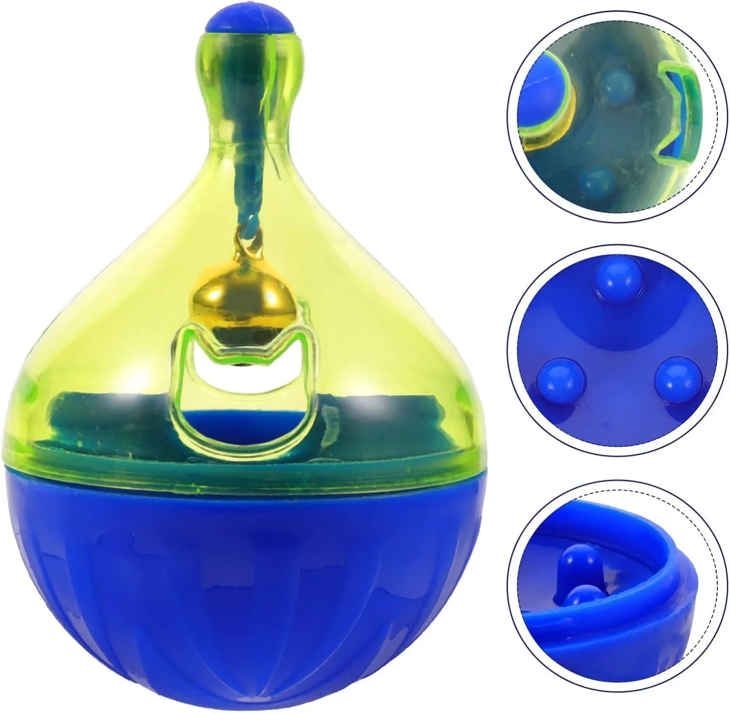 Blue tumbler-shaped dog and cat treat dispenser ball with food opening for interactive pet play