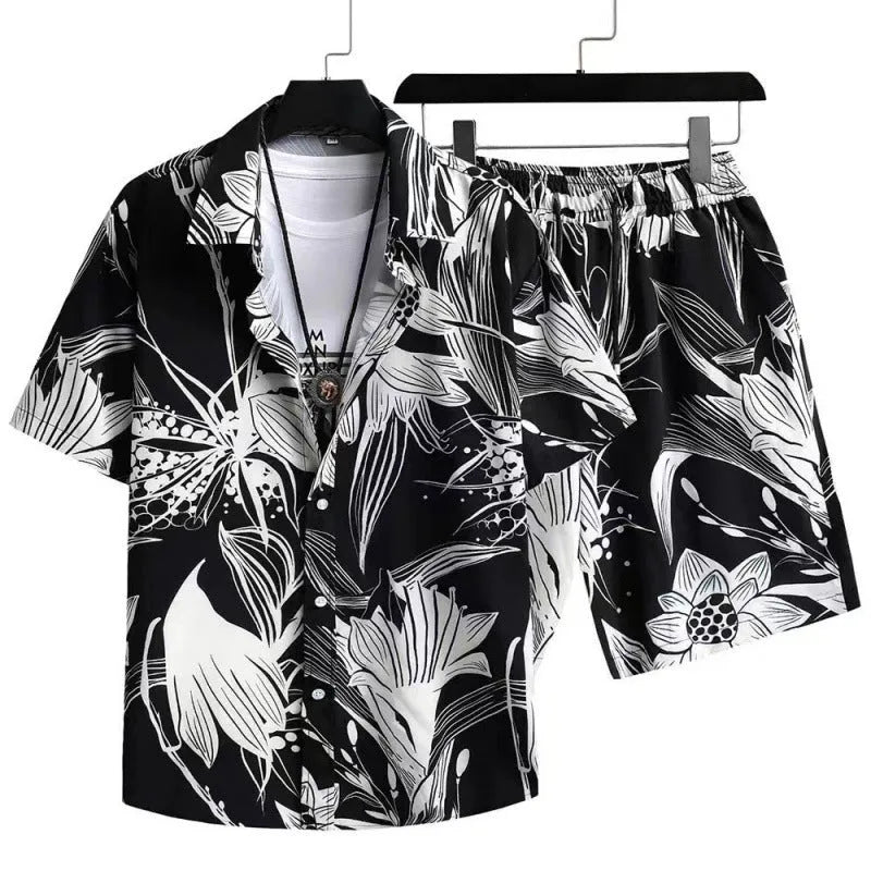 Men's digital print casual suit with short sleeve shirt and matching shorts in flexible polyester fabric