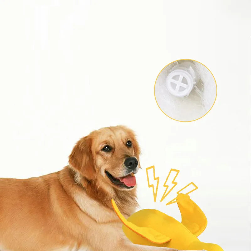 Yellow plush teddy dog toy with a duck squeaker and hidden treat pockets for training and chewing