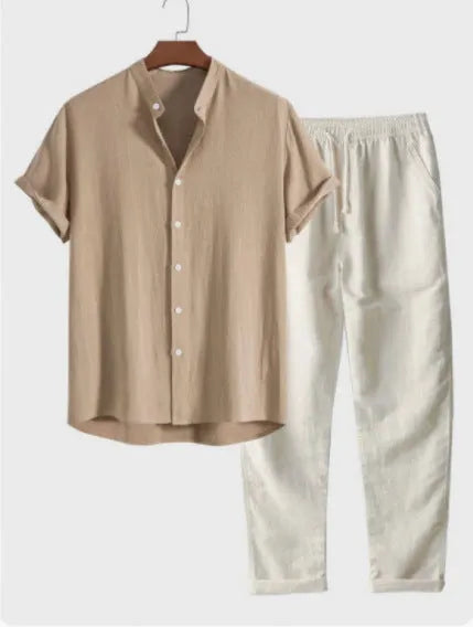 Man wearing a loose-fit short-sleeve shirt and trousers from a casual linen-blend suit set.