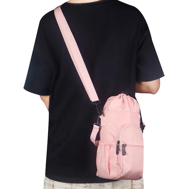 Cloth crossbody water bottle shoulder pouch shown in black, green, and pink colour options.