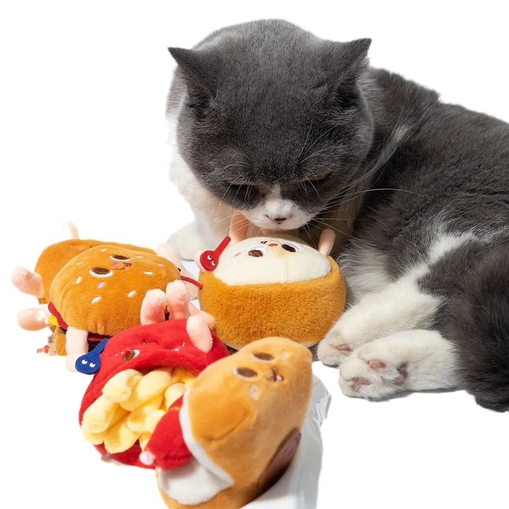 Set of soft cat chewing toys shaped like a chicken leg, hamburger, fries, hot dogs, and bread.