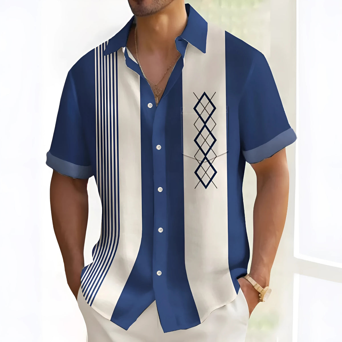 Multicolor printed pattern on a men's loose-fit casual cardigan-style polyester shirt.