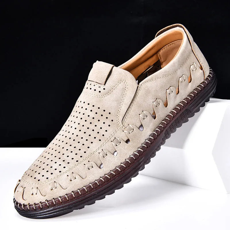 Men's brown artificial leather slip-on casual shoes with round toe and flat sole