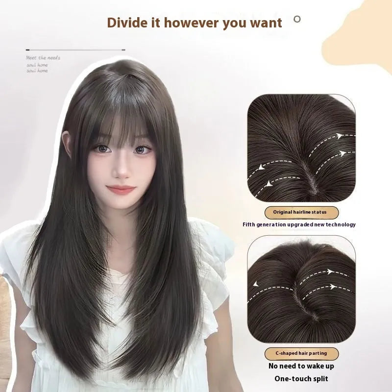 Black long straight high layered full-head wig for women made from high-temperature fibre