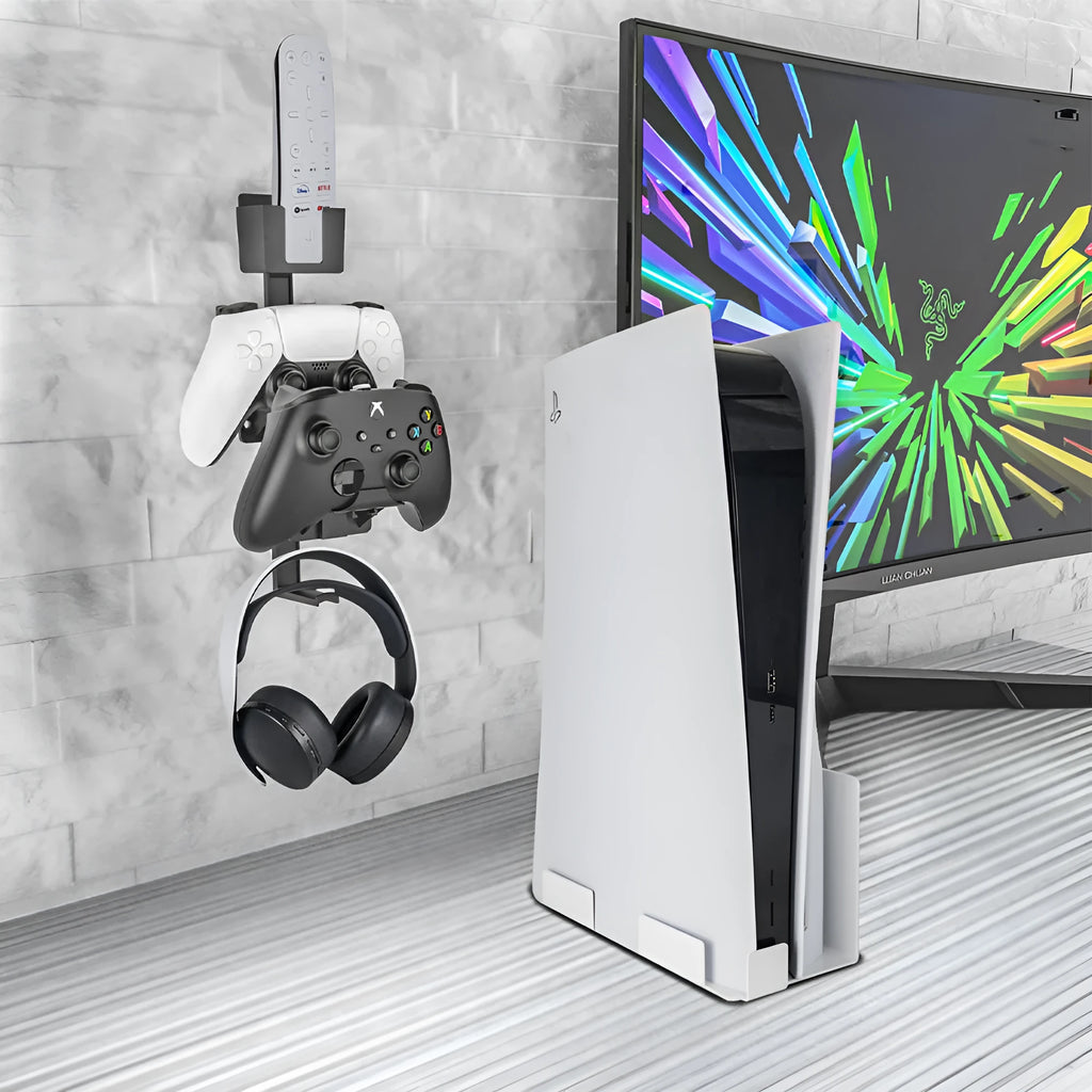 White and black ABS wall-mounted storage hooks holding gaming controllers and headphones