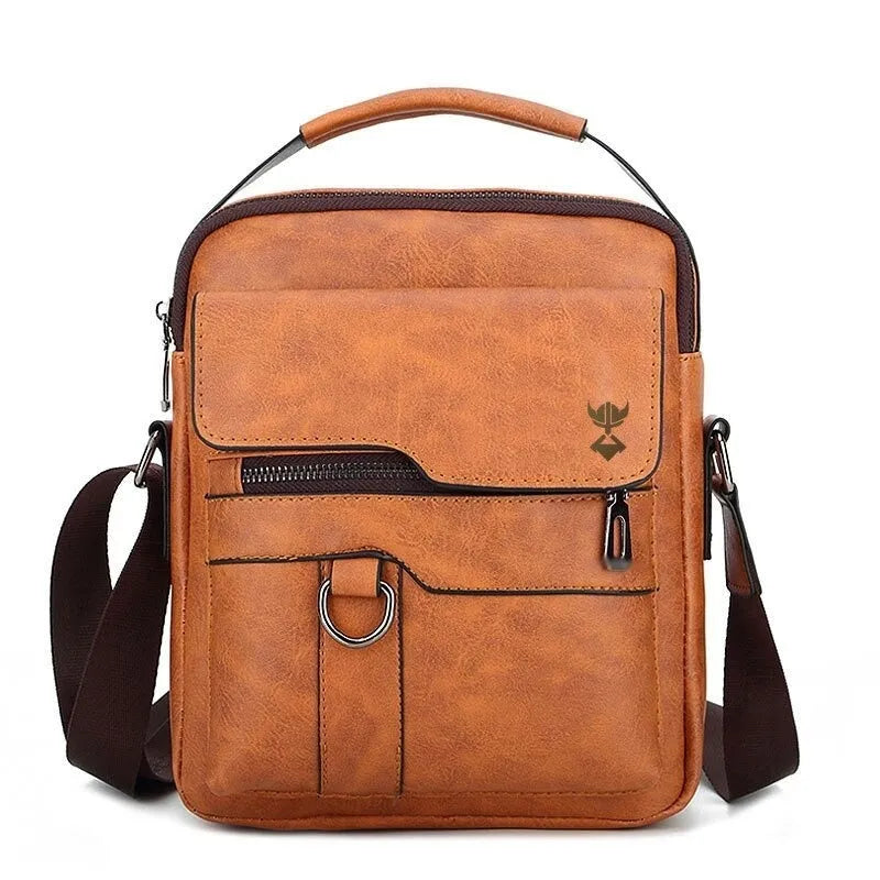 Men's khaki PU leather casual shoulder bag with square vertical design showing zipper closure and shoulder strap