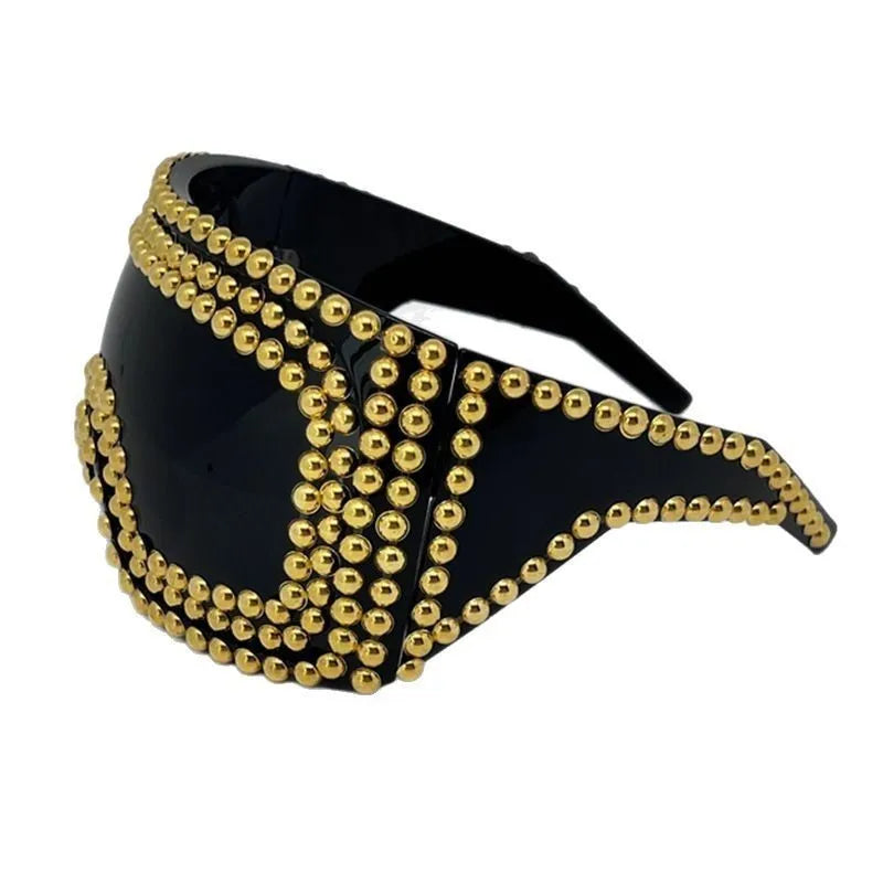 Men's punk style sunglasses with super large square frame and metal rivet details in gold colour