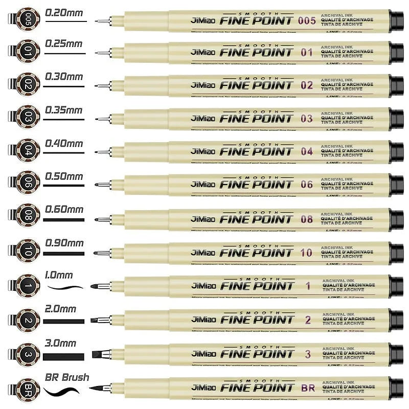 Black ink needle drawing pen with hook line art cartoon design on plastic body.
