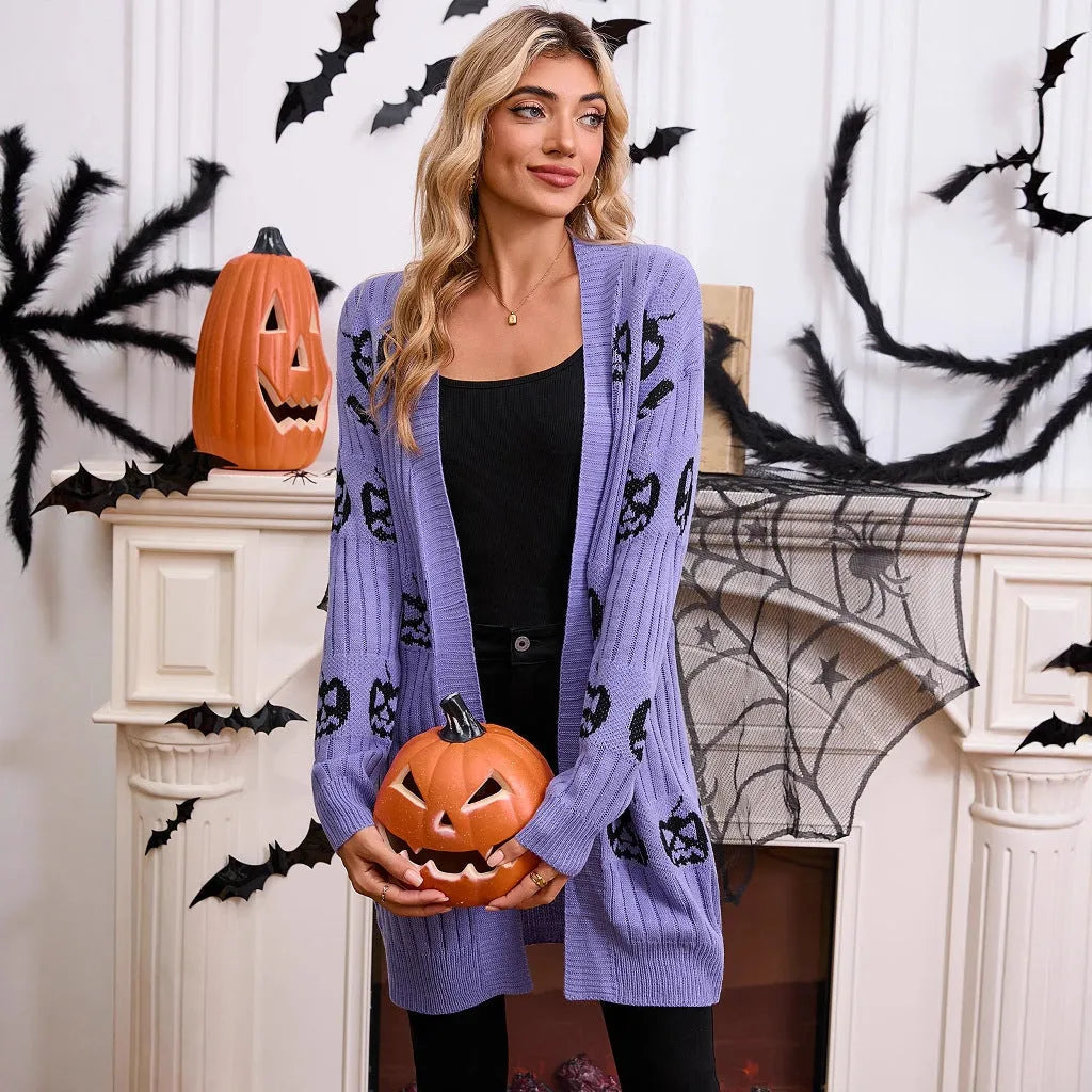 Women's black orange purple pumpkin head pattern jacquard knitted cardigan sweater