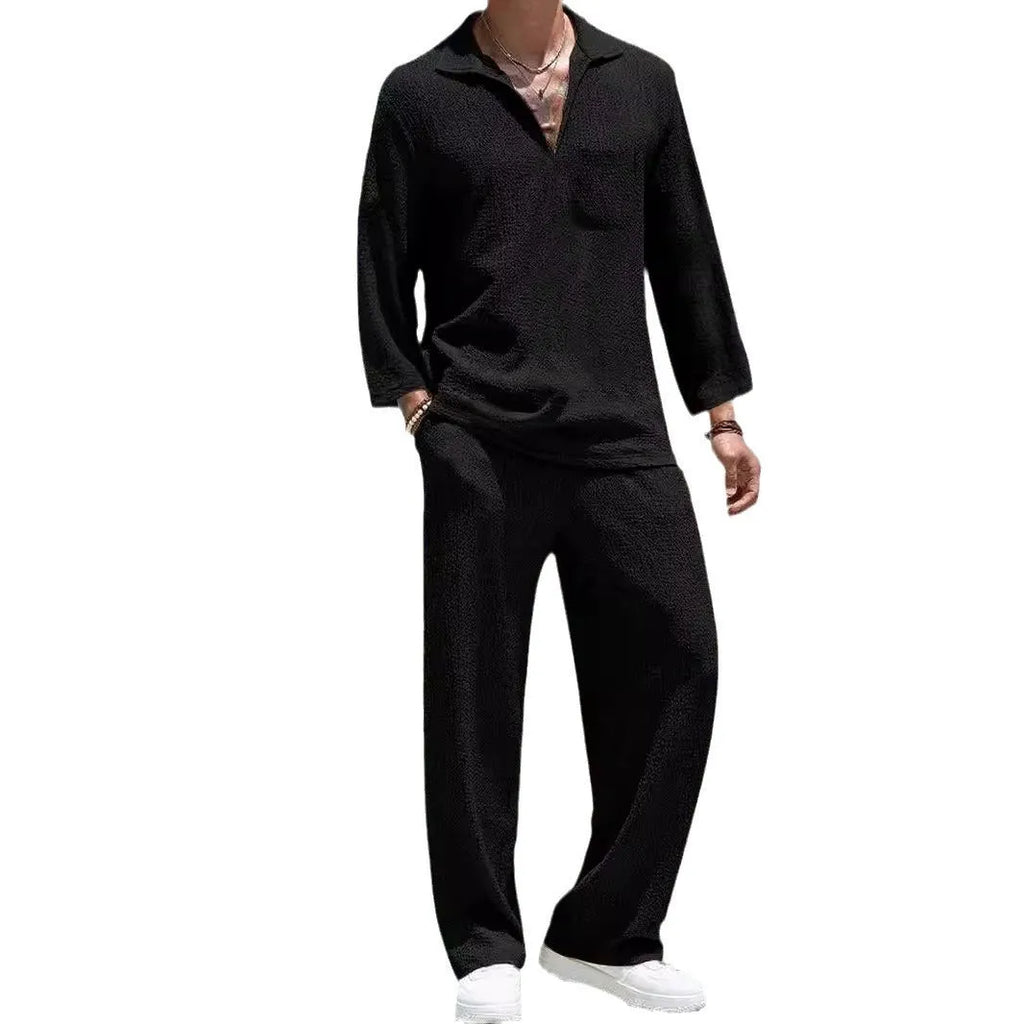 Men's casual polyester shirt trousers set in four colour options with young casual styling