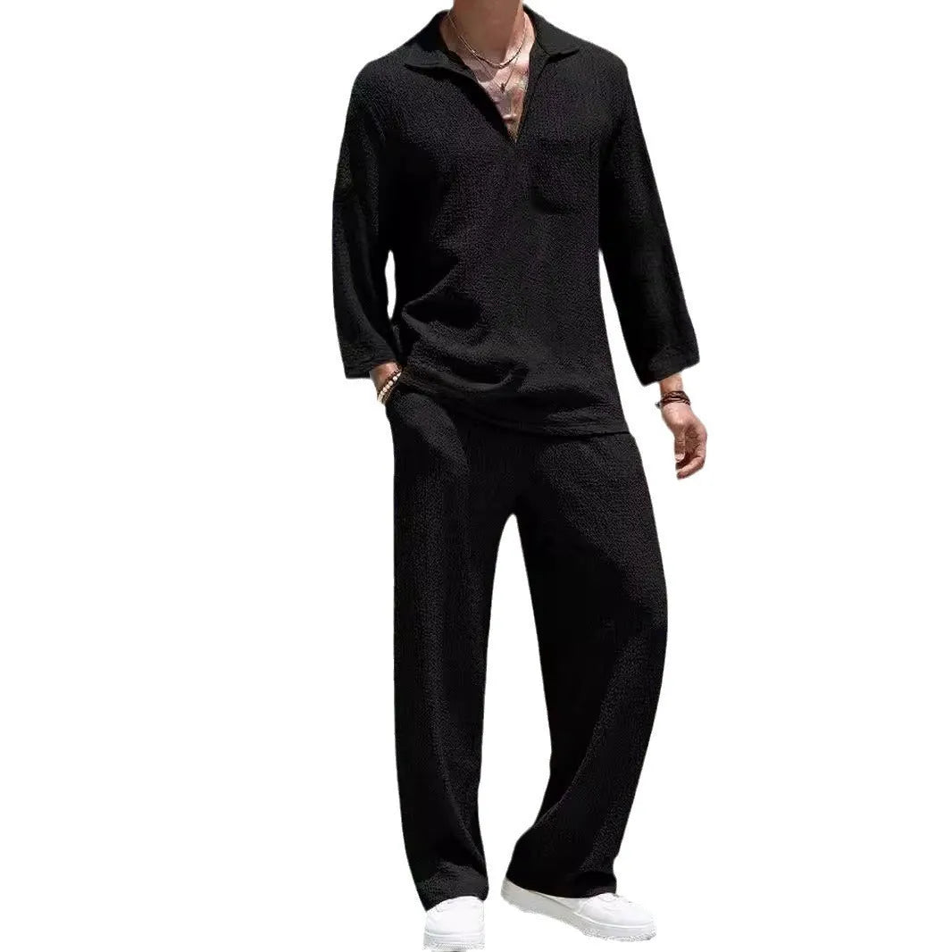 Men's casual polyester shirt trousers set in four colour options with young casual styling