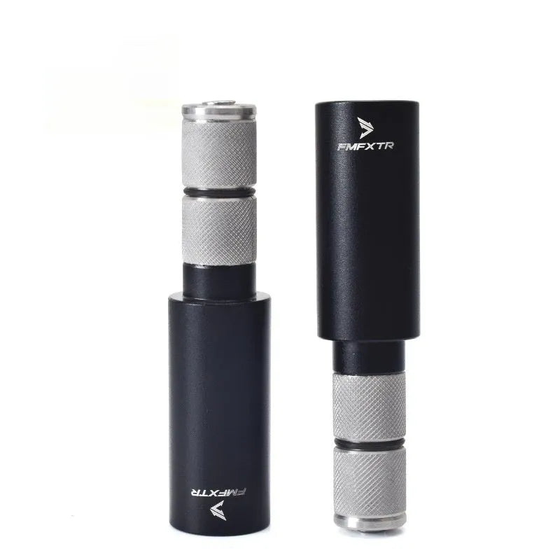 A pair of silver aluminium alloy bicycle handlebar extension rods for mountain bikes, showing folding design.