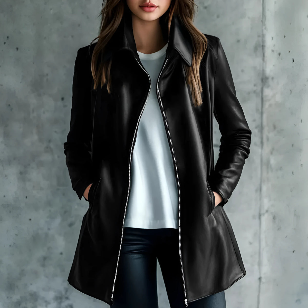 Black women's leather-style jacket medium length with long sleeves on hanger