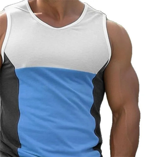 Men's blue contrast colour sports running vest showing front design with cotton blend fabric texture