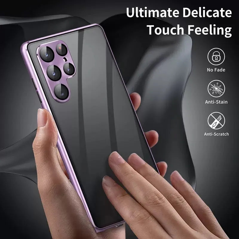 Magnetic mirror phone case for Samsung Galaxy S24 Ultra in seven colour options showing peep-proof design.