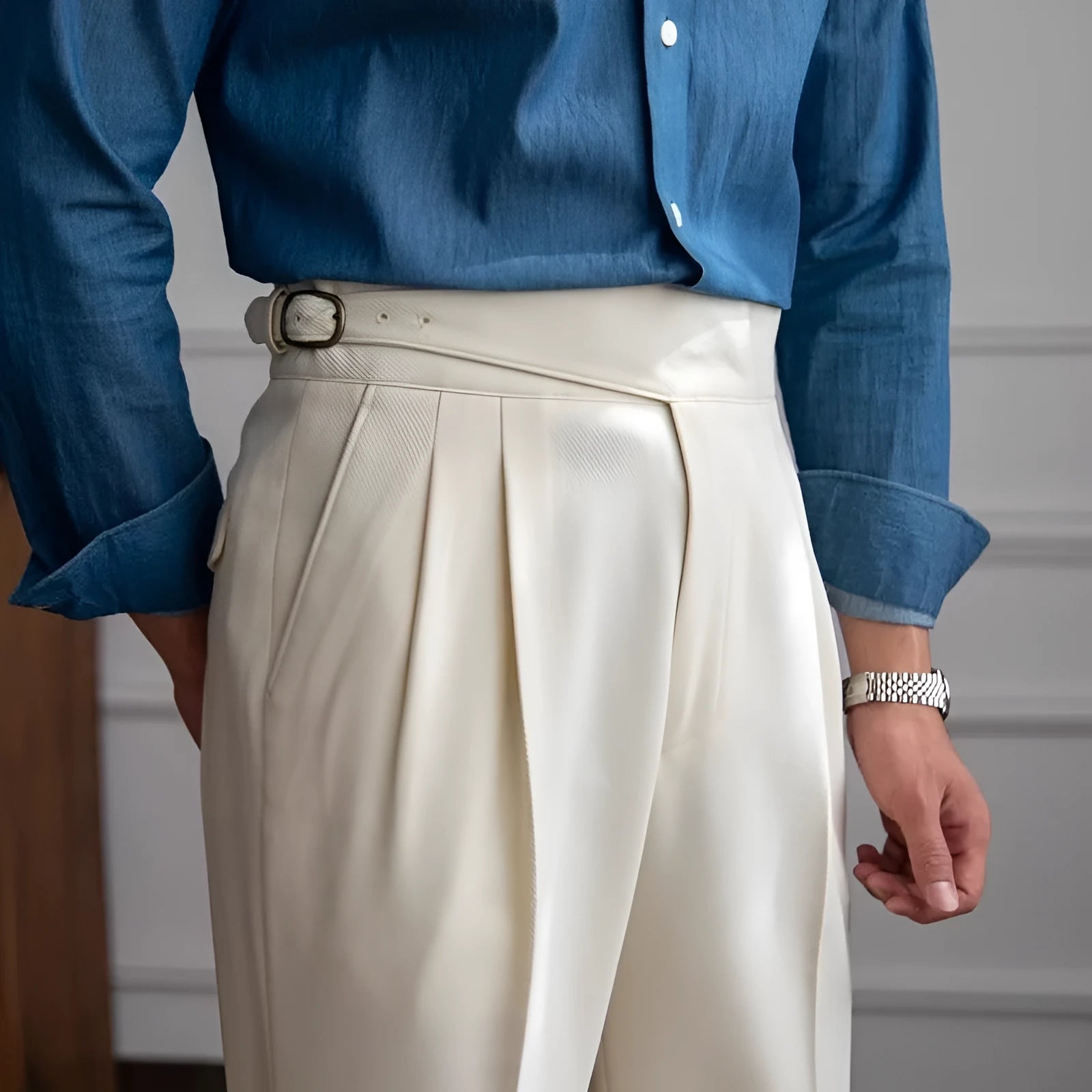 Men's high waist straight leg casual trousers in polyester fabric, shown in black colour.