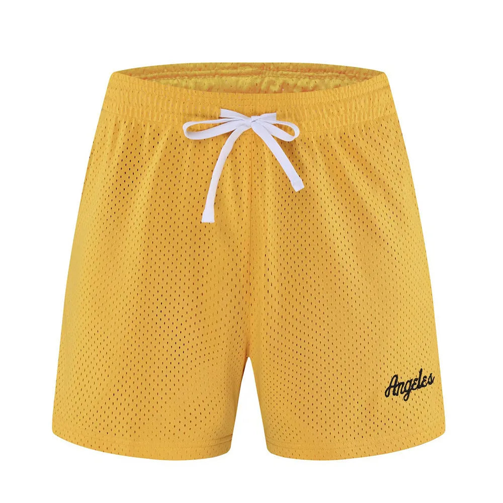 Men's double-layer mesh shorts in polyester fibre available in multiple colours for summer sport and casual wear
