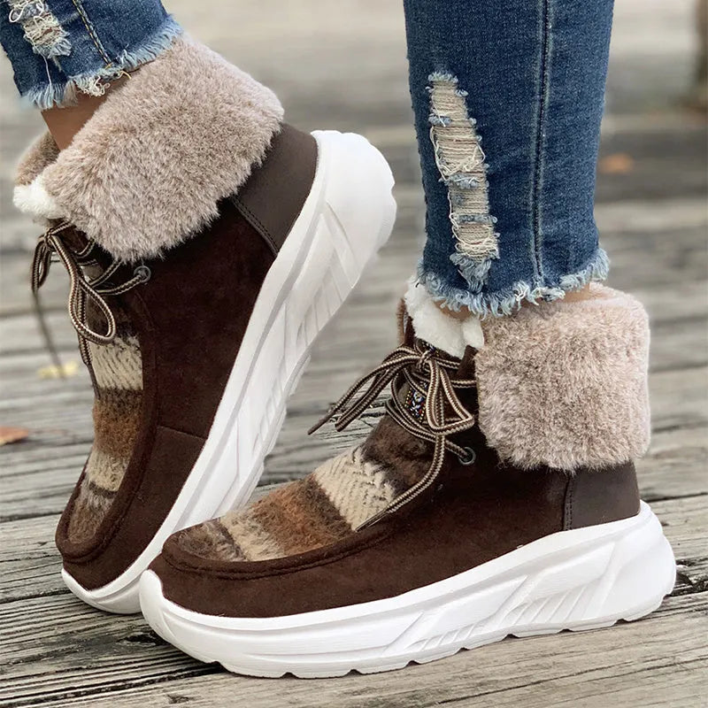 Women's beige lace-up snow boots with plush lining and non-slip rubber sole