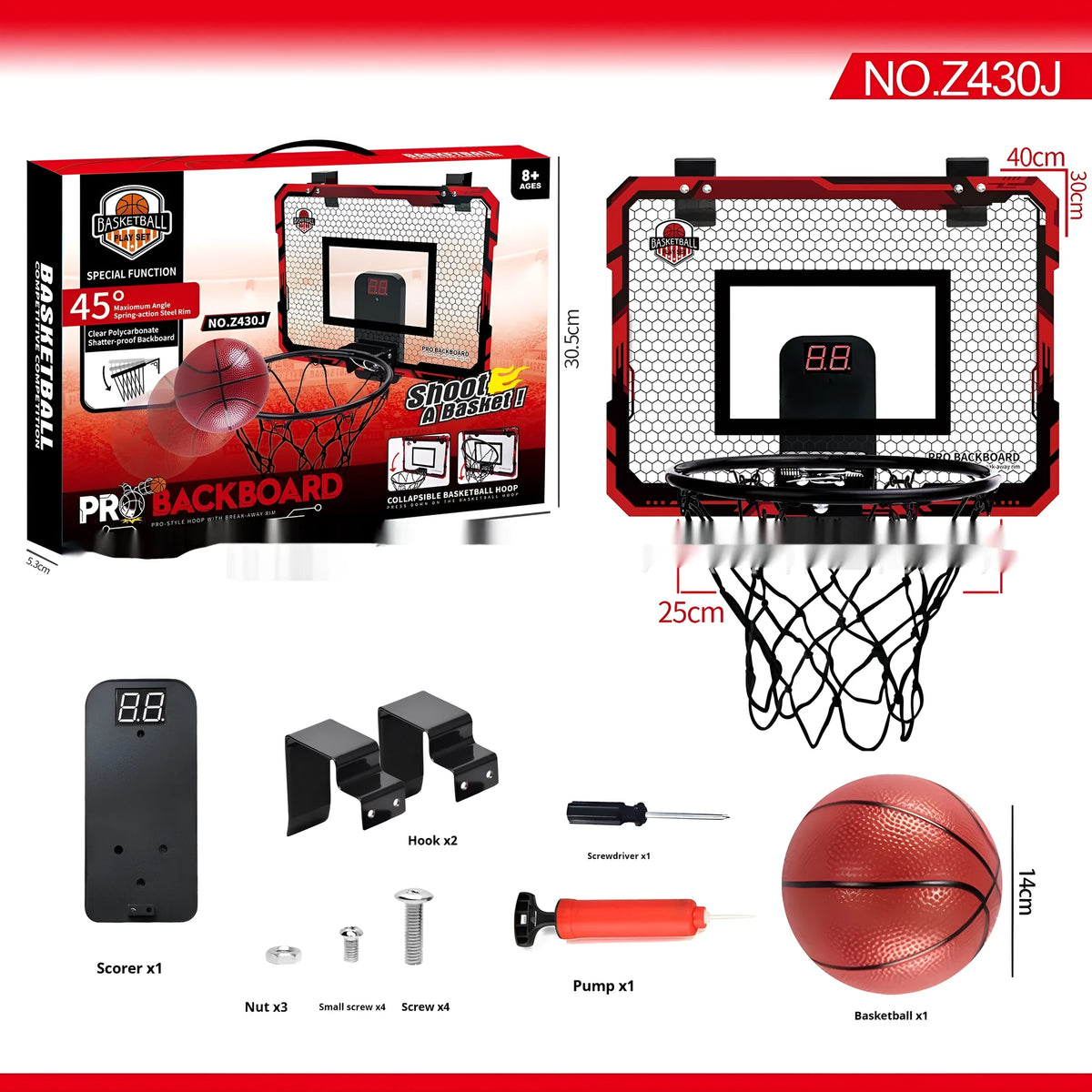 Red and blue folding basketball frame with suction cups, iron hook, and parallel panels for indoor dunk practice
