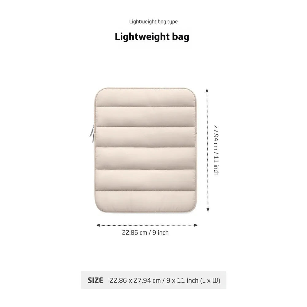 Black puff bag laptop sleeve with fluffy air cushioning for a 9.7 to 11 inch device, shown with elastic sides.