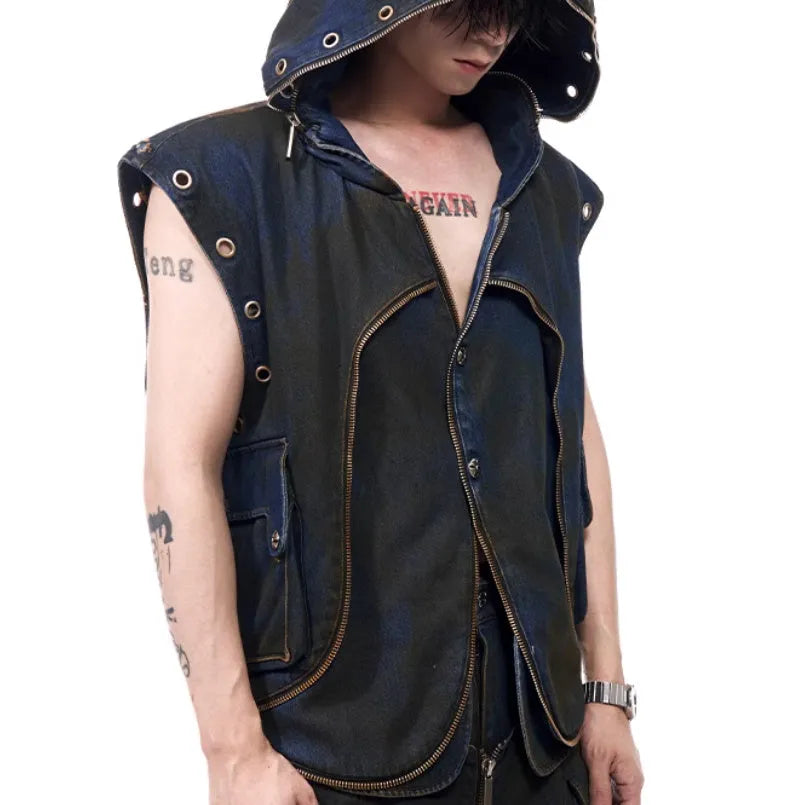 Blue Korean-style hooded denim vest coat with matching trousers, front zip closure