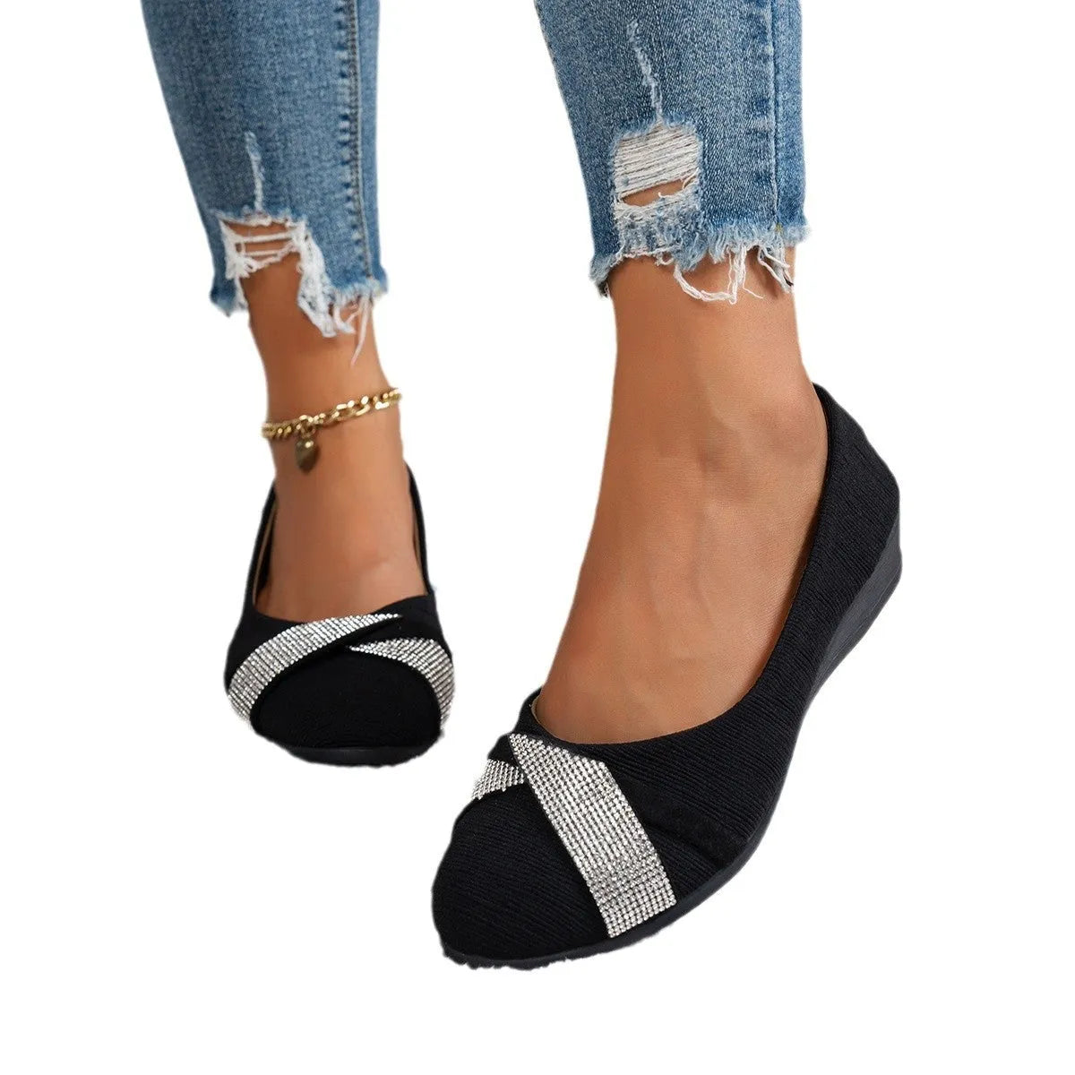 Black women's slip-on casual shoes with rhinestone detail and a chunky heel.