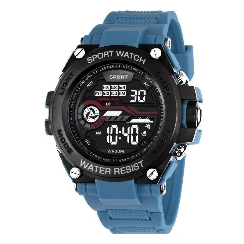 Digital electronic watch with colour display and resin strap in various colour options