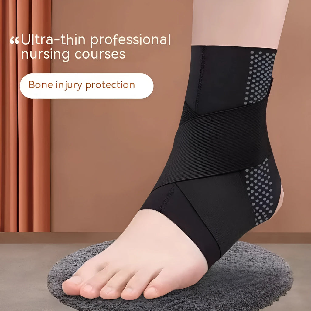 Black Lycra ankle support protector worn on an adult foot.