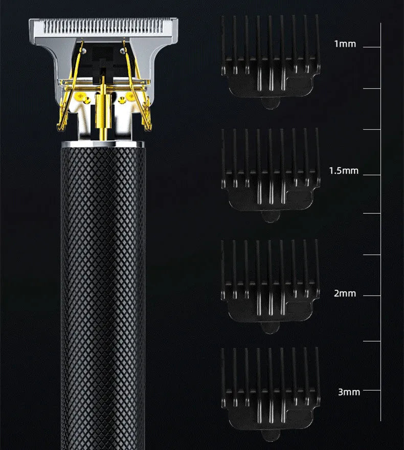Black rechargeable electric hair clipper with four plastic guide combs and a cleaning brush on a white background