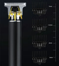 Black rechargeable electric hair clipper with four plastic guide combs and a cleaning brush on a white background