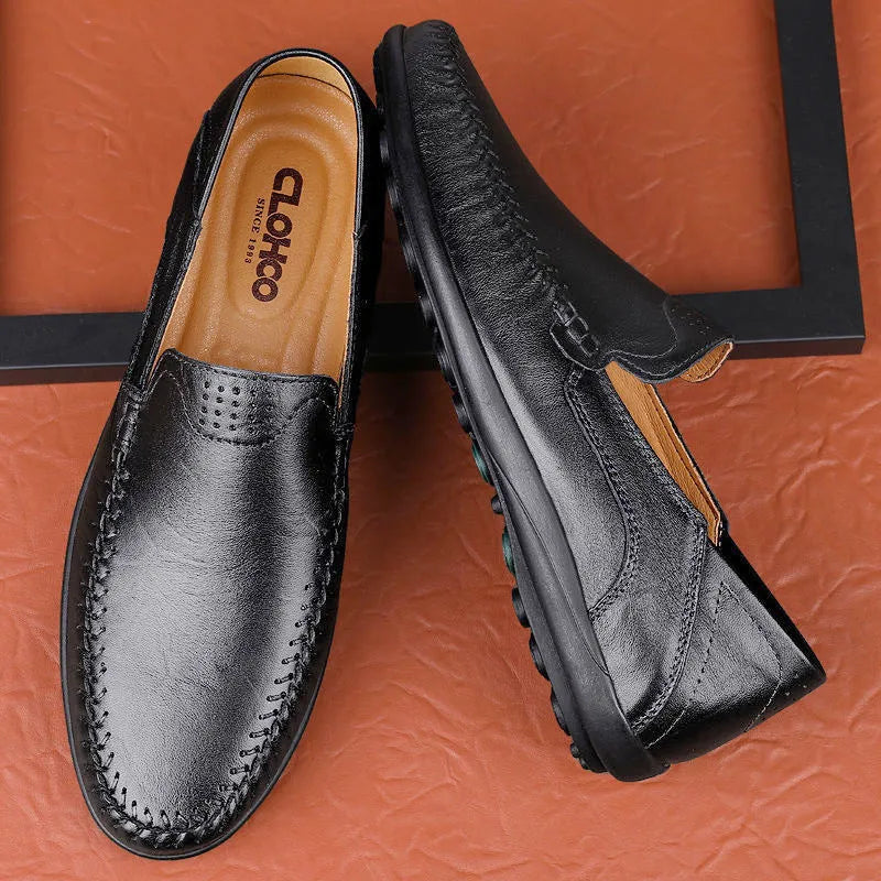 Men's brown leather casual shoes with round toe and flat rubber sole shown from side view
