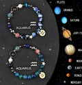 Set of twelve beaded bracelets with natural stone beads and metal clasps, each designed for a different zodiac sign.