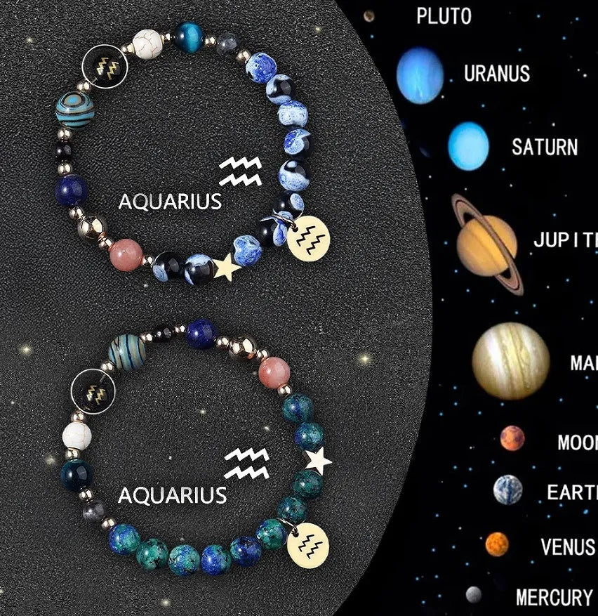 Set of twelve beaded bracelets with natural stone beads and metal clasps, each designed for a different zodiac sign.