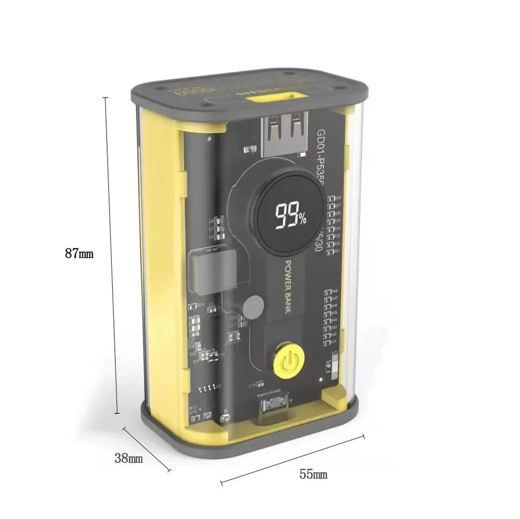 Transparent yellow industrial power bank showing internal cylindrical 18650 battery cell and multi-USB ports
