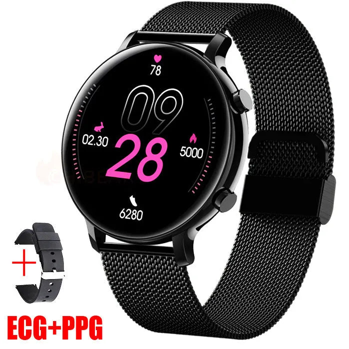 Bluetooth smartwatch with stainless steel strap showing 41-43mm screen with heart rate display